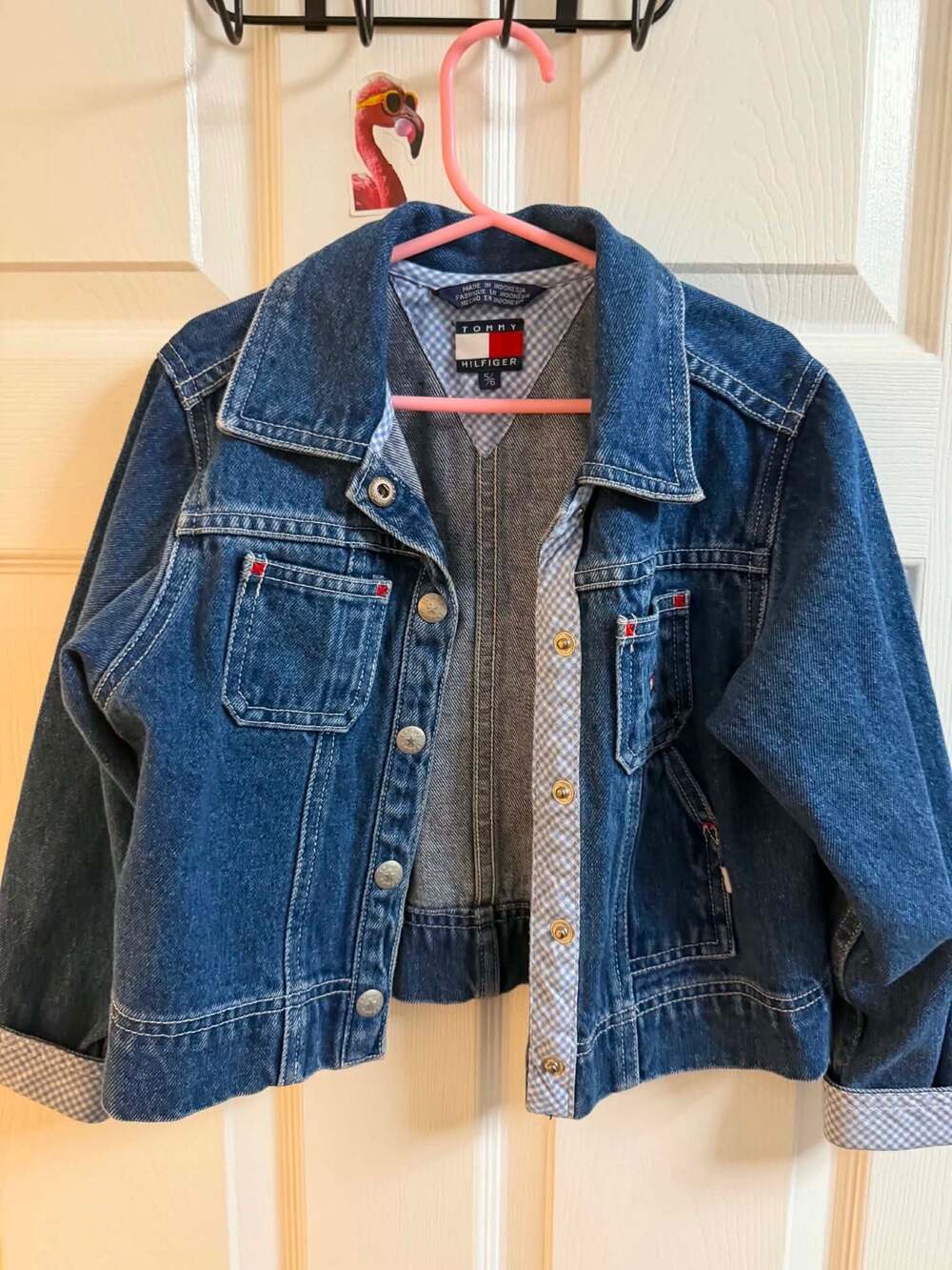 Tommy Hilfiger Girls Denim Jacket with Gingham Lining and Logo Buttons